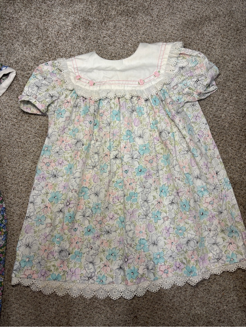 Vintage little girl’s floral pastel muted cottage core lace short sleeve dress